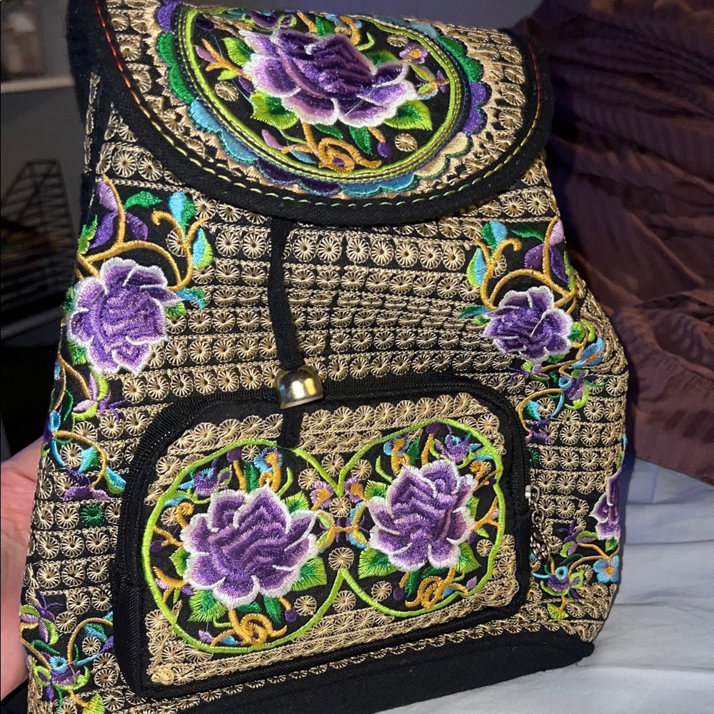 Embroidered Black and Purple Women's Bag